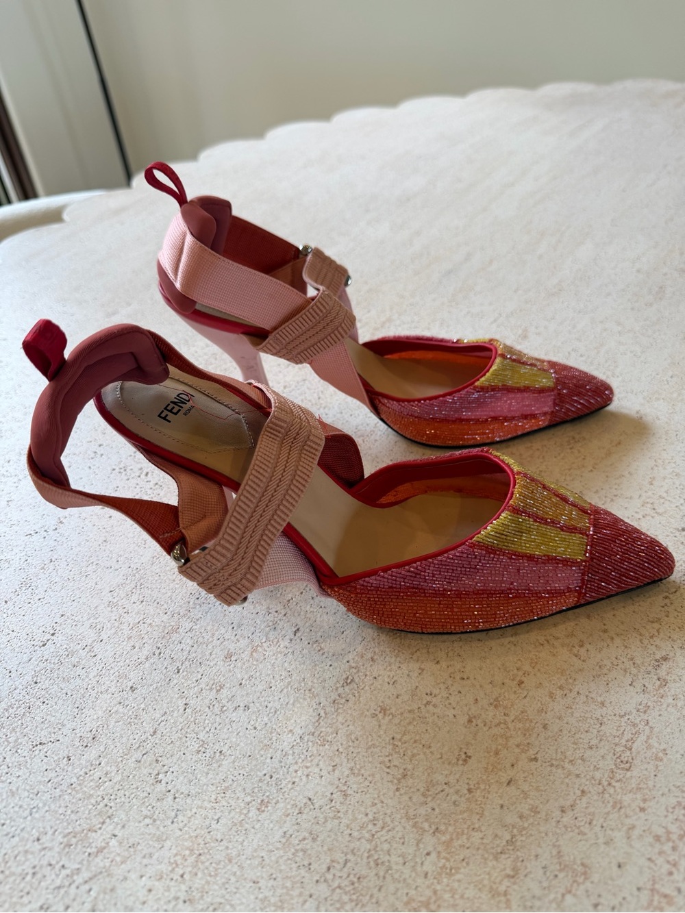 Fendi Pink, Red & Gold Beaded Pointed-Toe Slingbacks - Picture 3 of 12